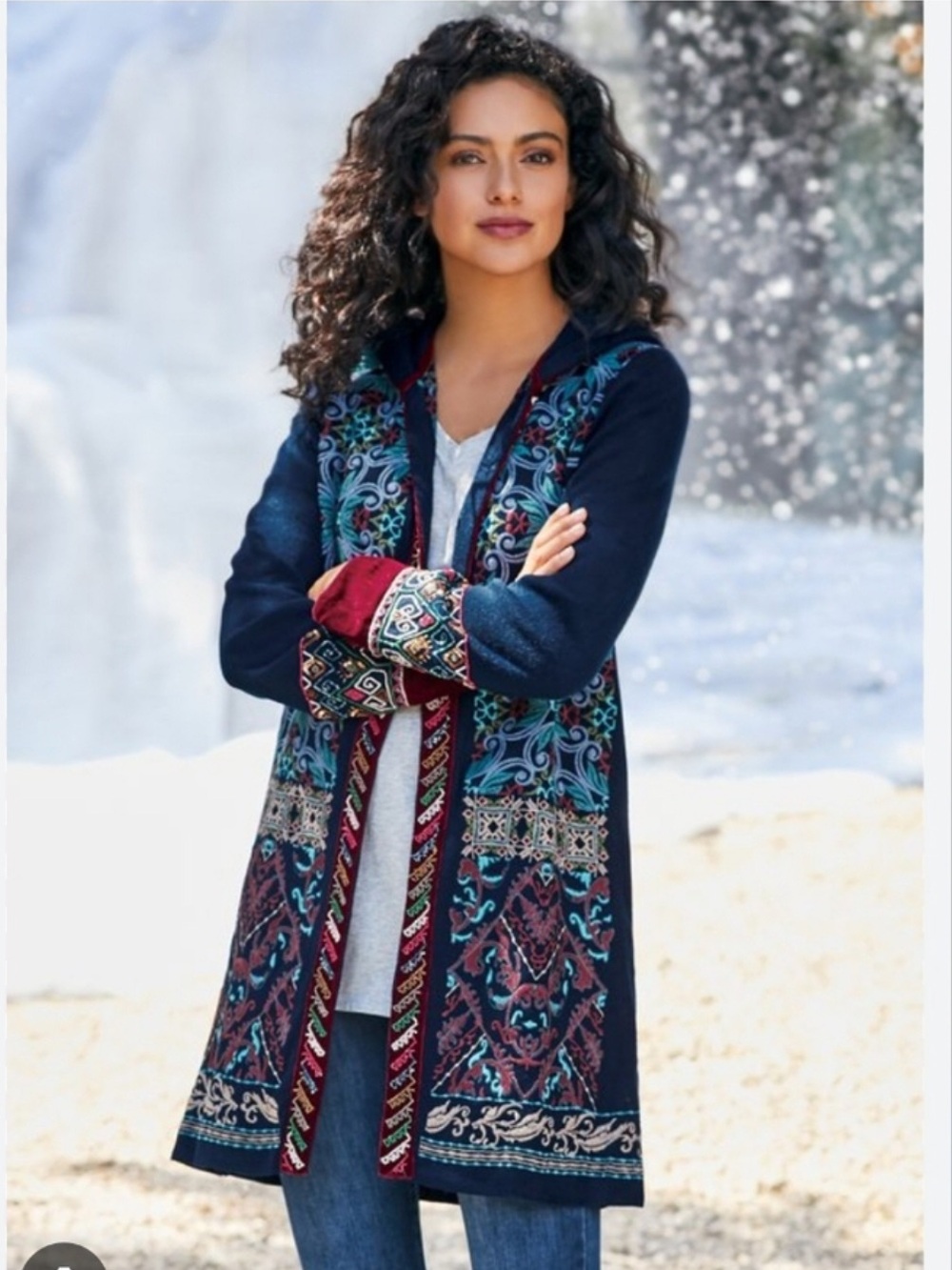 Soft Surroundings Lysa Embroidered Beaded Sweater Coat with Hood Size Small